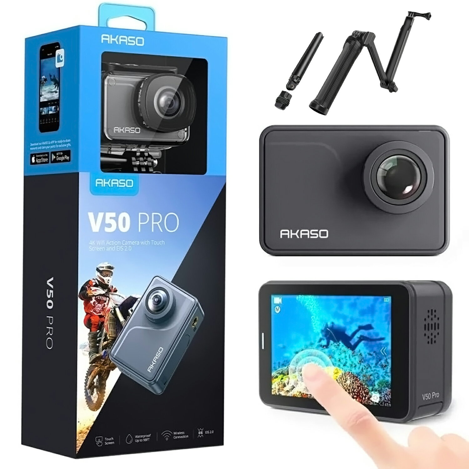 【セット商品 AKASO V50Pro アクションカメラ+自撮り棒】4K/20MP ウェアラブルカメラ 水中カメラ 30M防水(防水ケース付属) EIS手ぶれ補正 Wi-Fi付 1100mAh×2 タッチパネル スポーツカメラ リモコン付