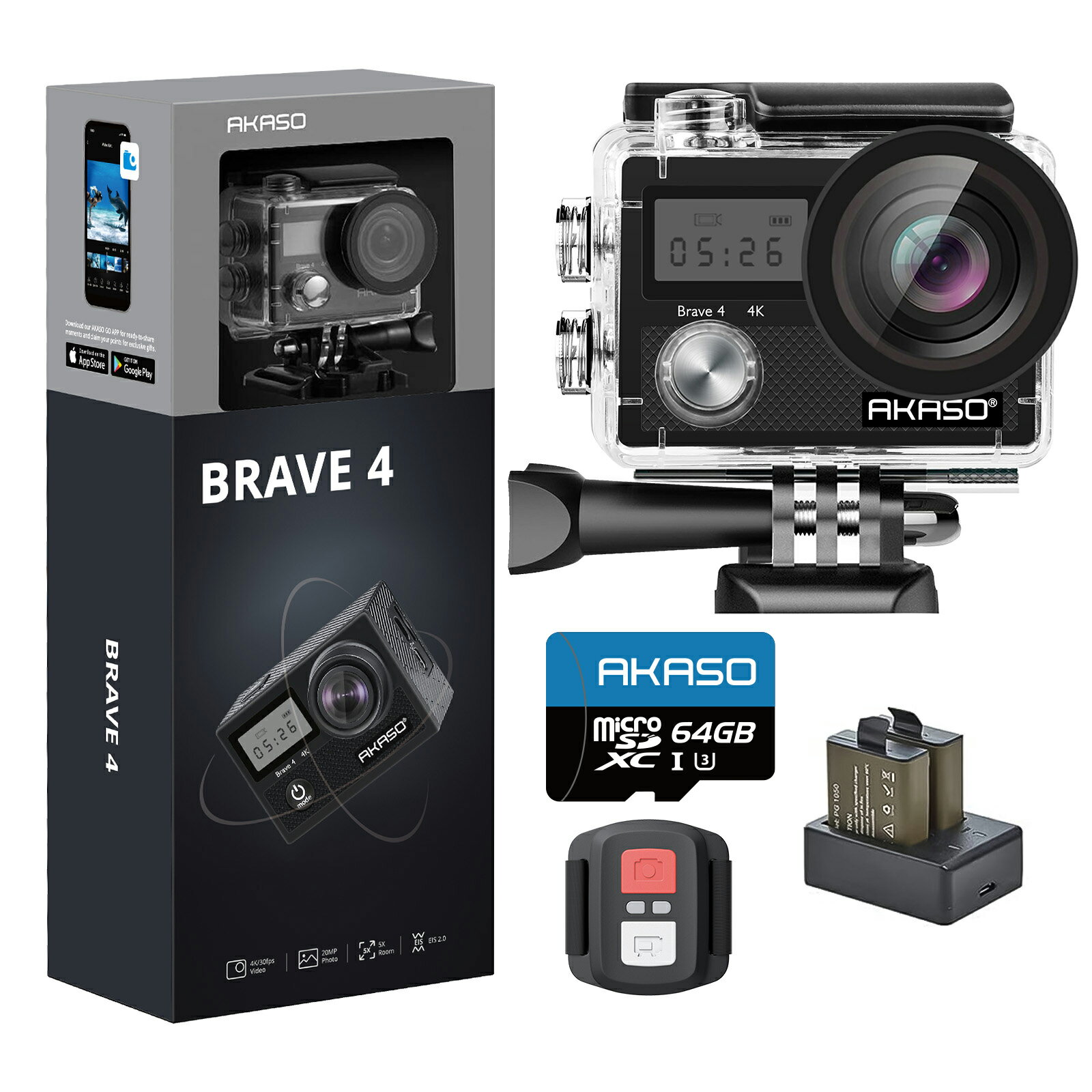 AKASO アクションカメラ Brave4 4K 20MP 