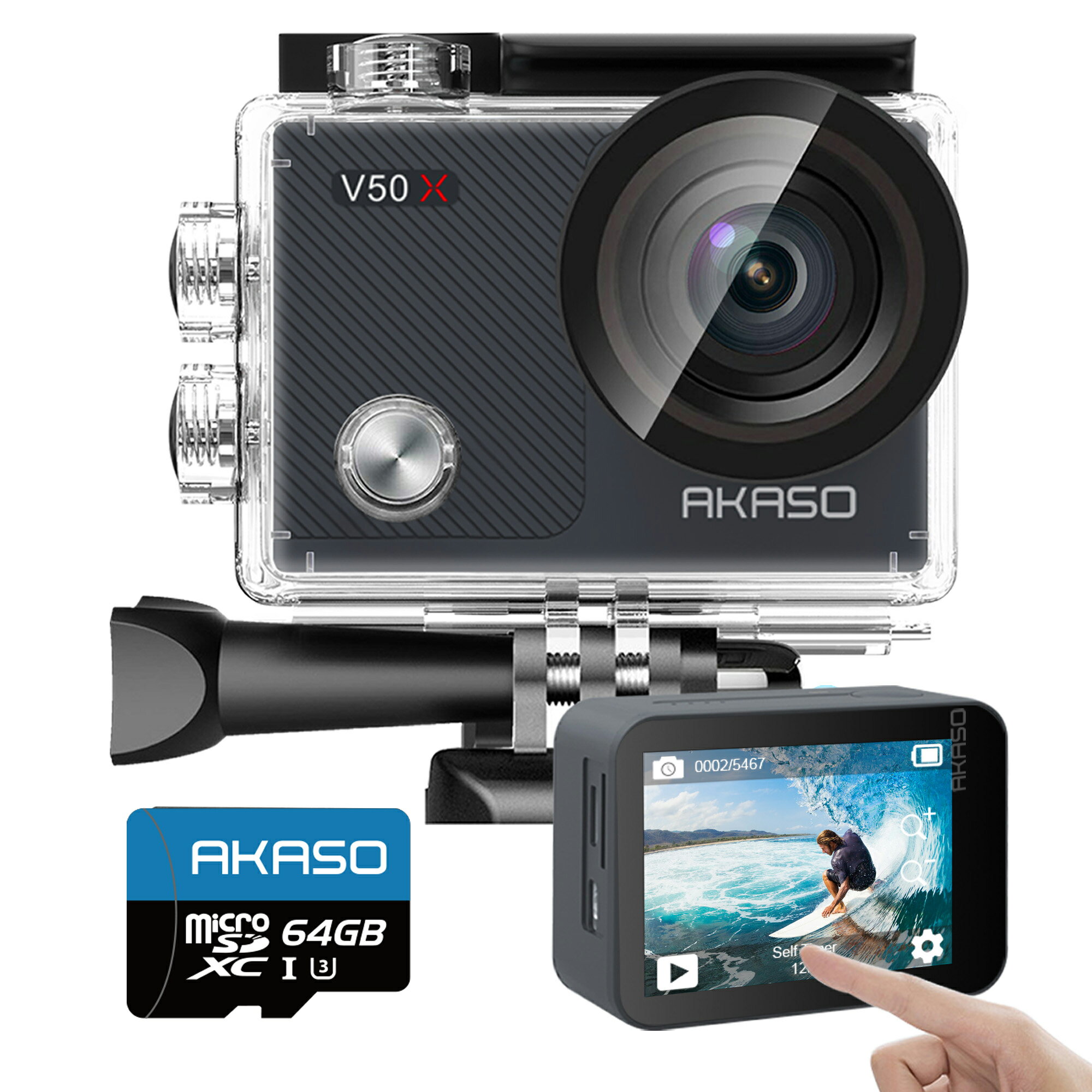【タッチパネル式 64GBSDカード付き】AKASO アクションカメラ V50X 4K30fps 20MP 新版6軸手ぶれ補正 WiFi/外部マイク…