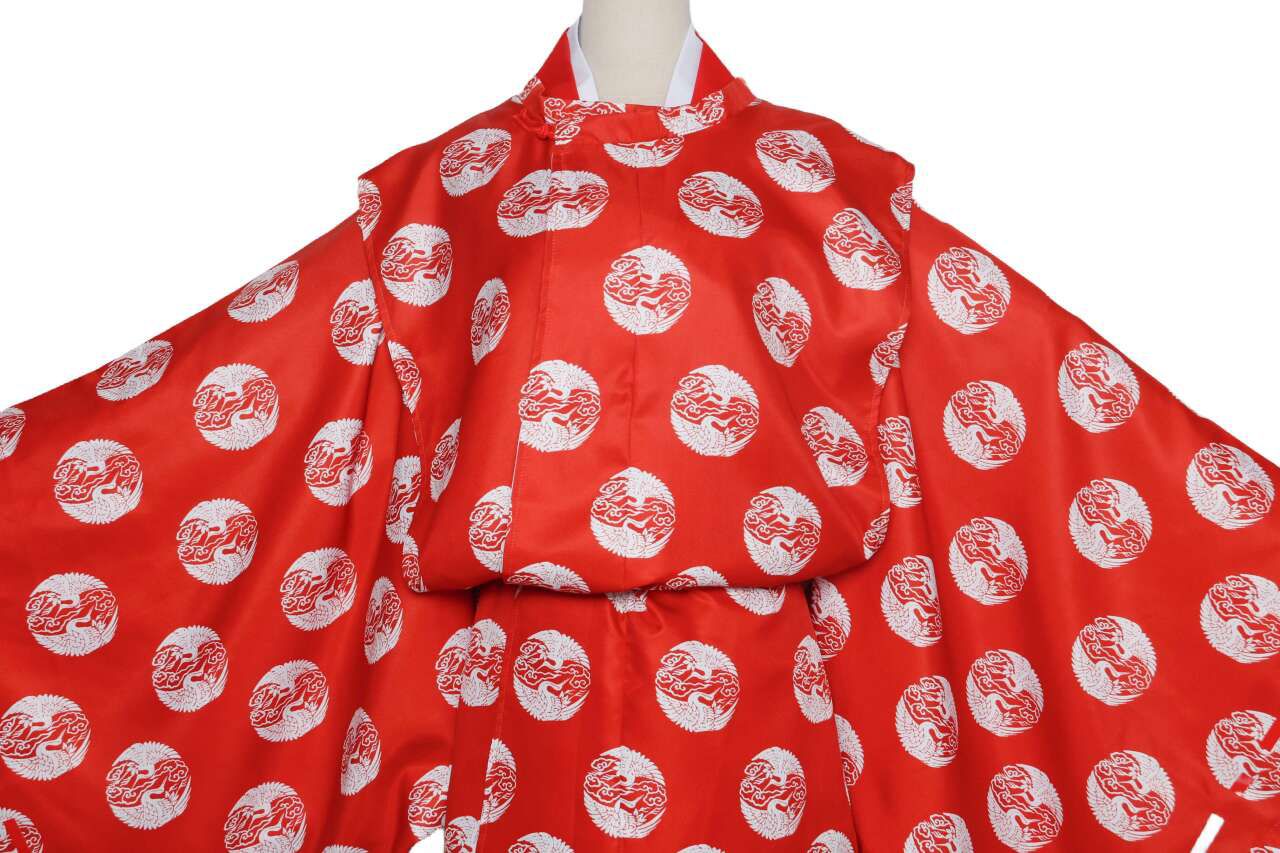 実物撮影！狩衣 神職 装束 神社 神具 神職装束 平安装束 神主 神社 袴 狩衣(散雲に雲鶴) 舞台ステージ 時代劇用 歌舞伎　コスチューム 日本舞踊 赤色