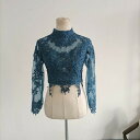 ウエディングドレス用ハイネック ボレロ トップスのみ 長袖 青 3D立体レース刺繍 くるみボタン