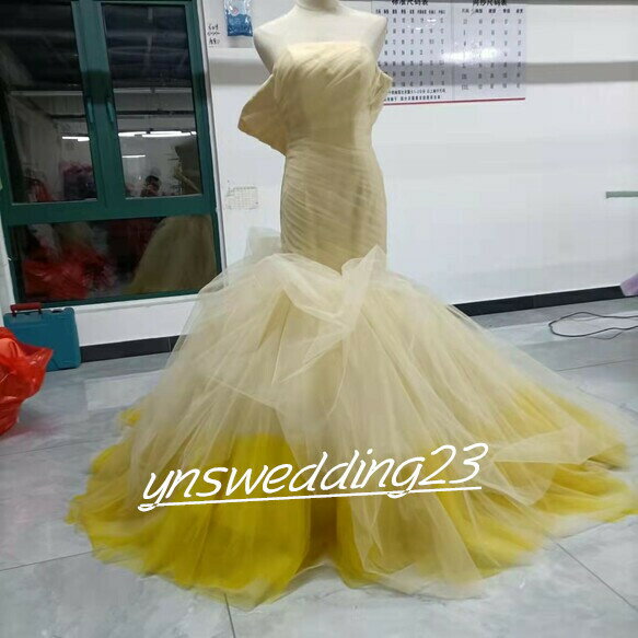 高品質! カラードレス シャンパン色+イエロー ベアトップ プリンセスライン 結婚式/披露宴
