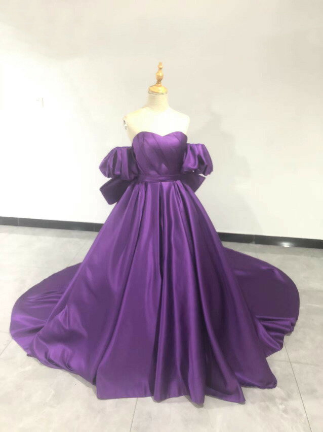 高品質! カラードレス パープル プリンセスライン ミニトレーン 姫袖 クラシカル 2次会 挙式 前撮 ふっくら柔らかなバックリボン