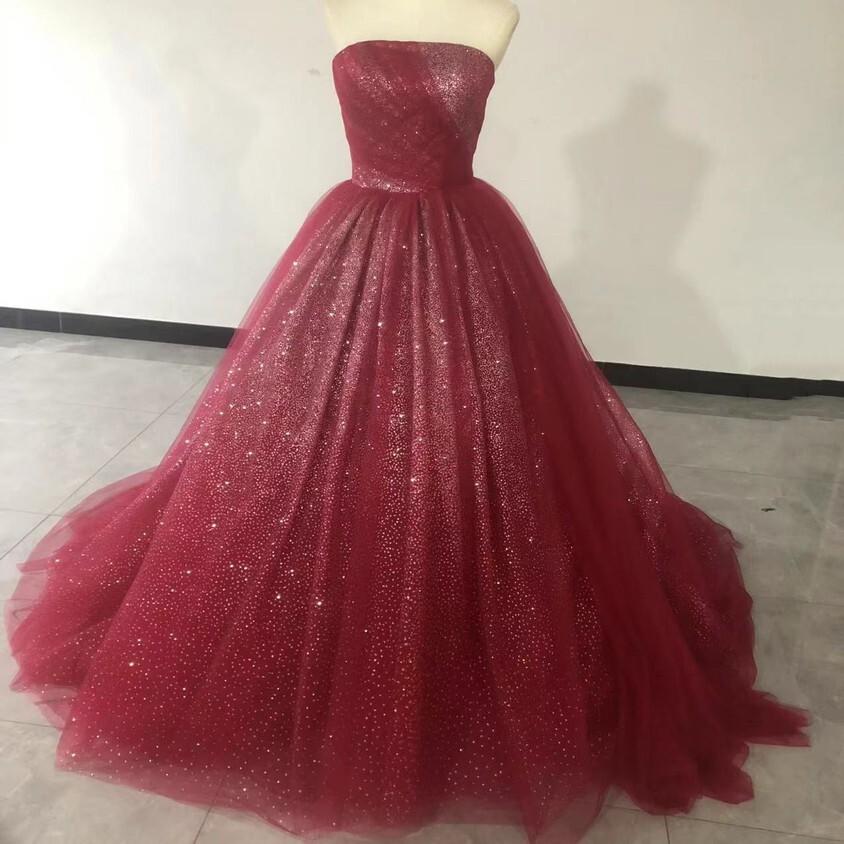 大好評中! ワインレッド ベアトップ キラキラチュー ル カラードレス 編み上げ プリンセスライン /結婚式披露