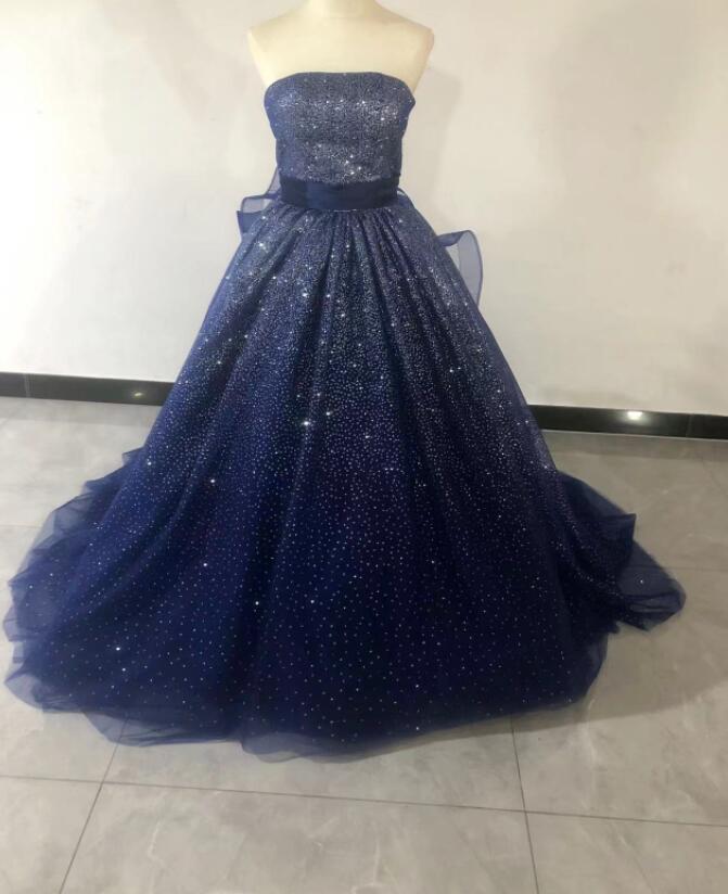 カラードレス 濃いネイビー　グリッター　華やかさ Aライン 花びらチュール ビスチェ 発表会/演奏会