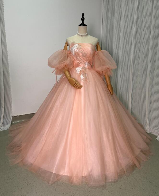 ウェディングドレス ピンク 憧れのドレス オフショルダー ふわふわ袖 フレアスカート お呼ばれ/二次会/パーティー