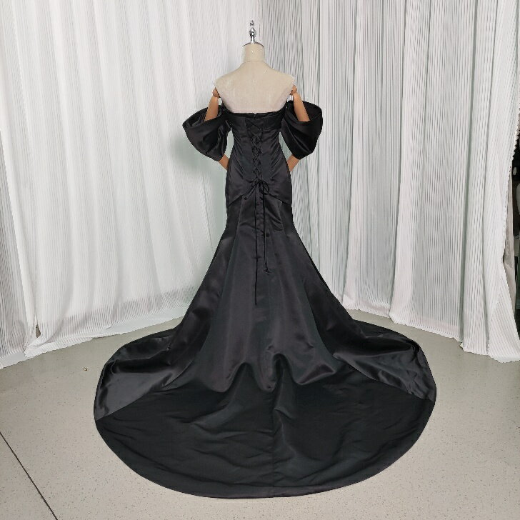 カラードレス ブラック パフスリーブ 取り外し袖 編み上げ ファスナー マーメイド エレガント 前撮り