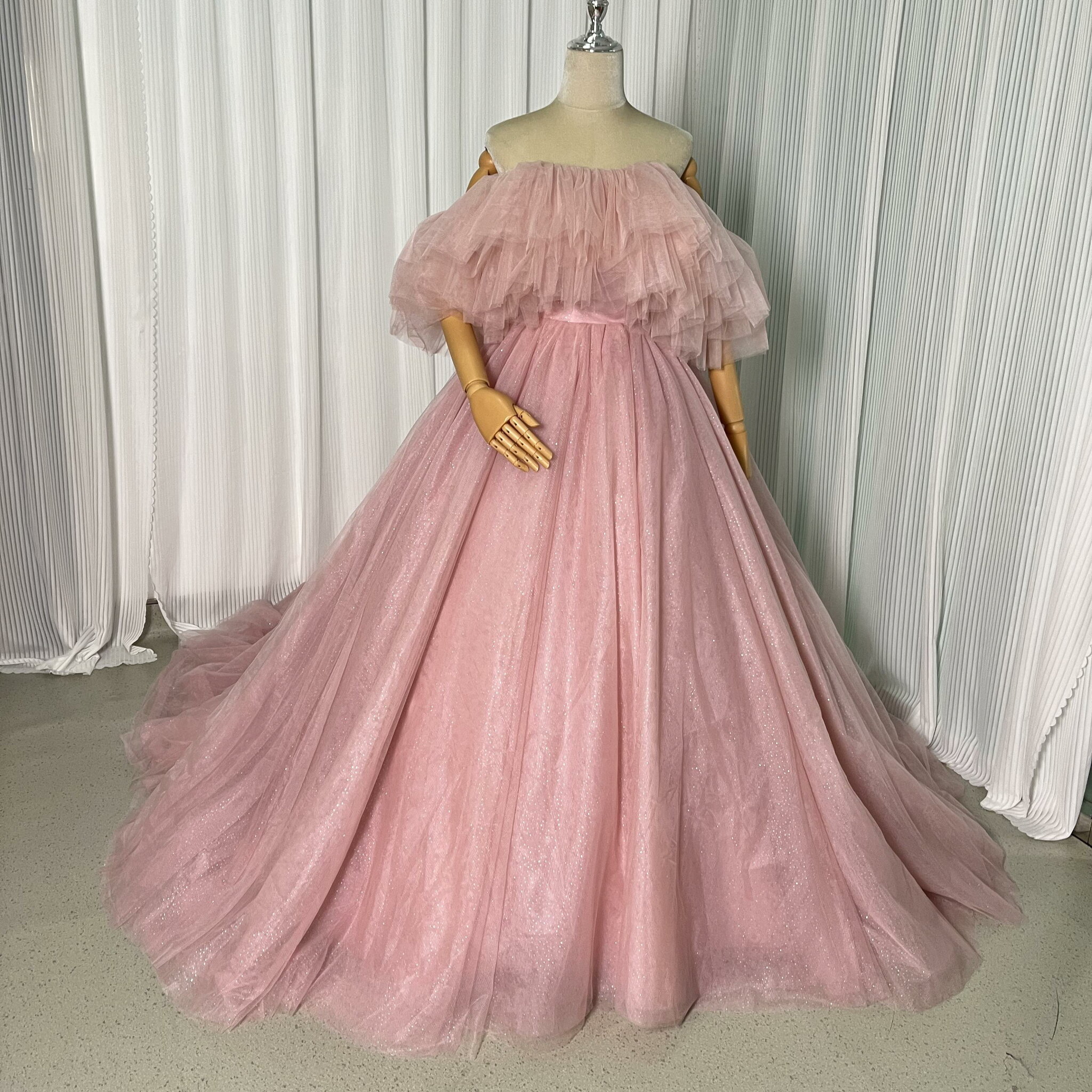 カラードレス オフショルダー キラキラグリッターチュール ピンク Aライン 可愛い 結婚式