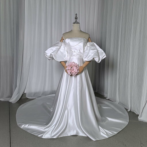 ウェディングドレス パフスリーブ ふっくら柔らかなバックリボン 編み上げ 結婚式 ウェディングドレス パフスリーブ ふっくら柔らかなバックリボン 編み上げ 結婚式
