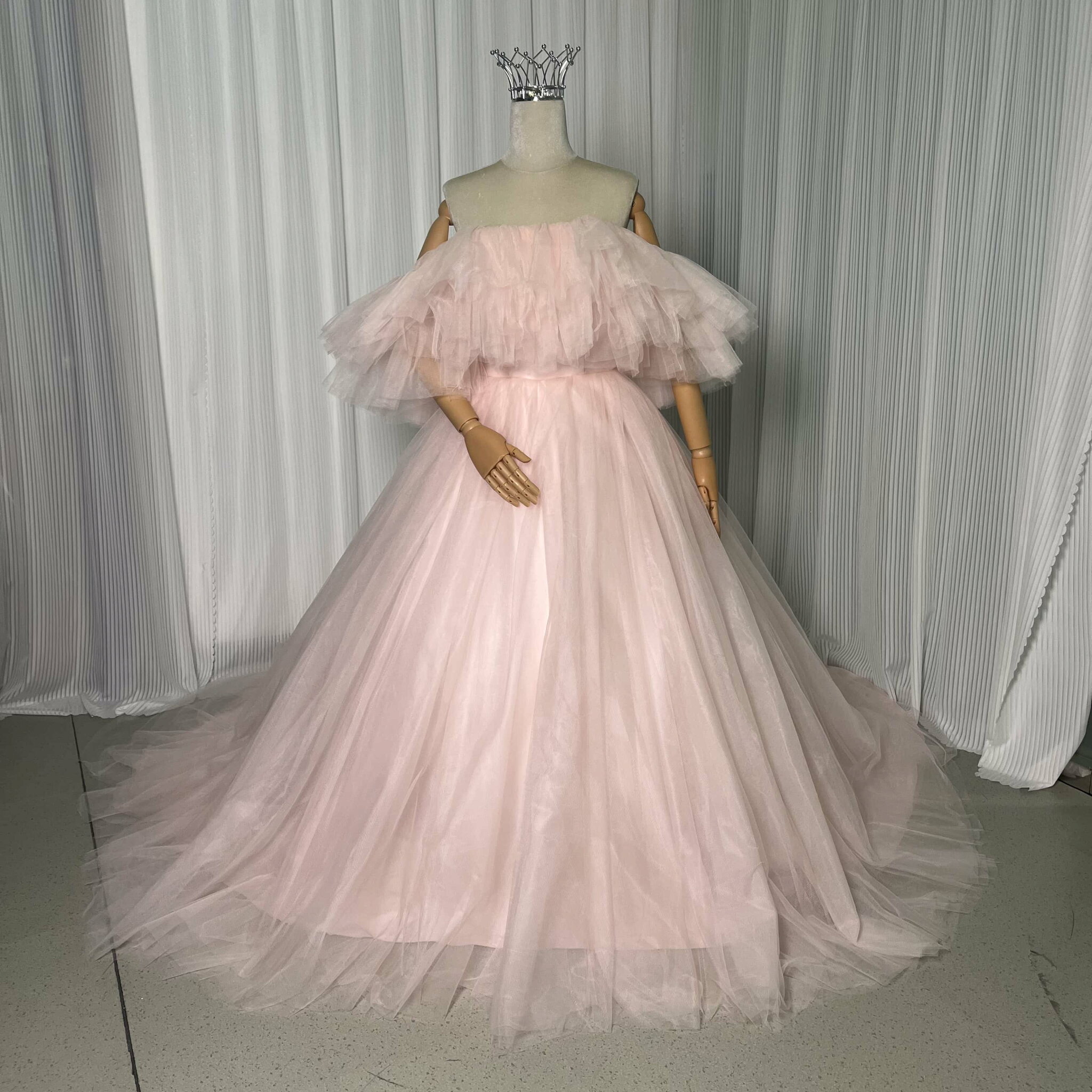 カラードレス オフショルダー キラキラグリッターチュール ピンク Aライン 可愛い 結婚式