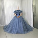 カラードレス オフショルダー グリッタードレス ブルーグレー サッシュベルト ブライダル