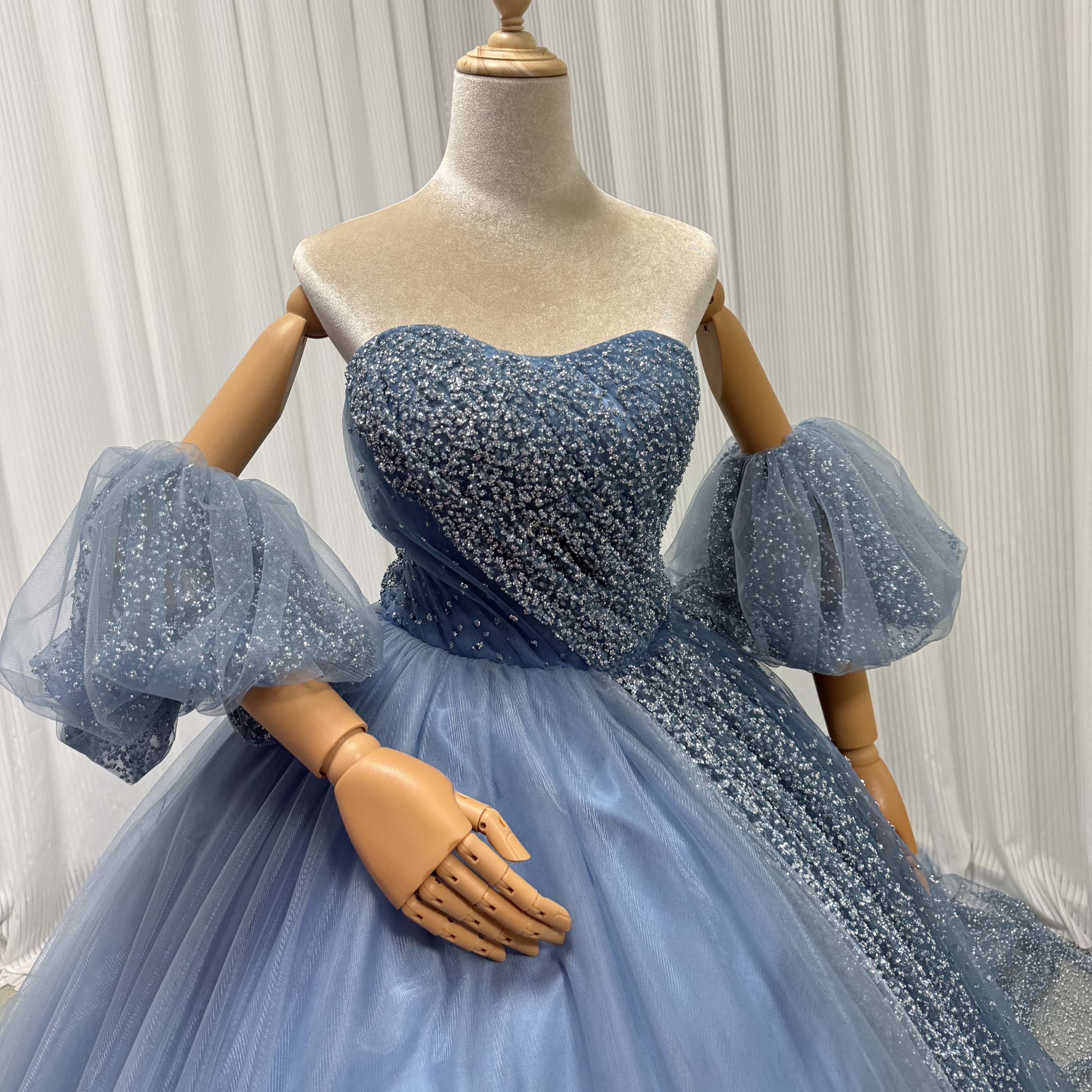 カラードレス ブルーグレー 取り外し袖 ビジュードレス 編み上げ ハンドメイド 花嫁/ウェディングドレス