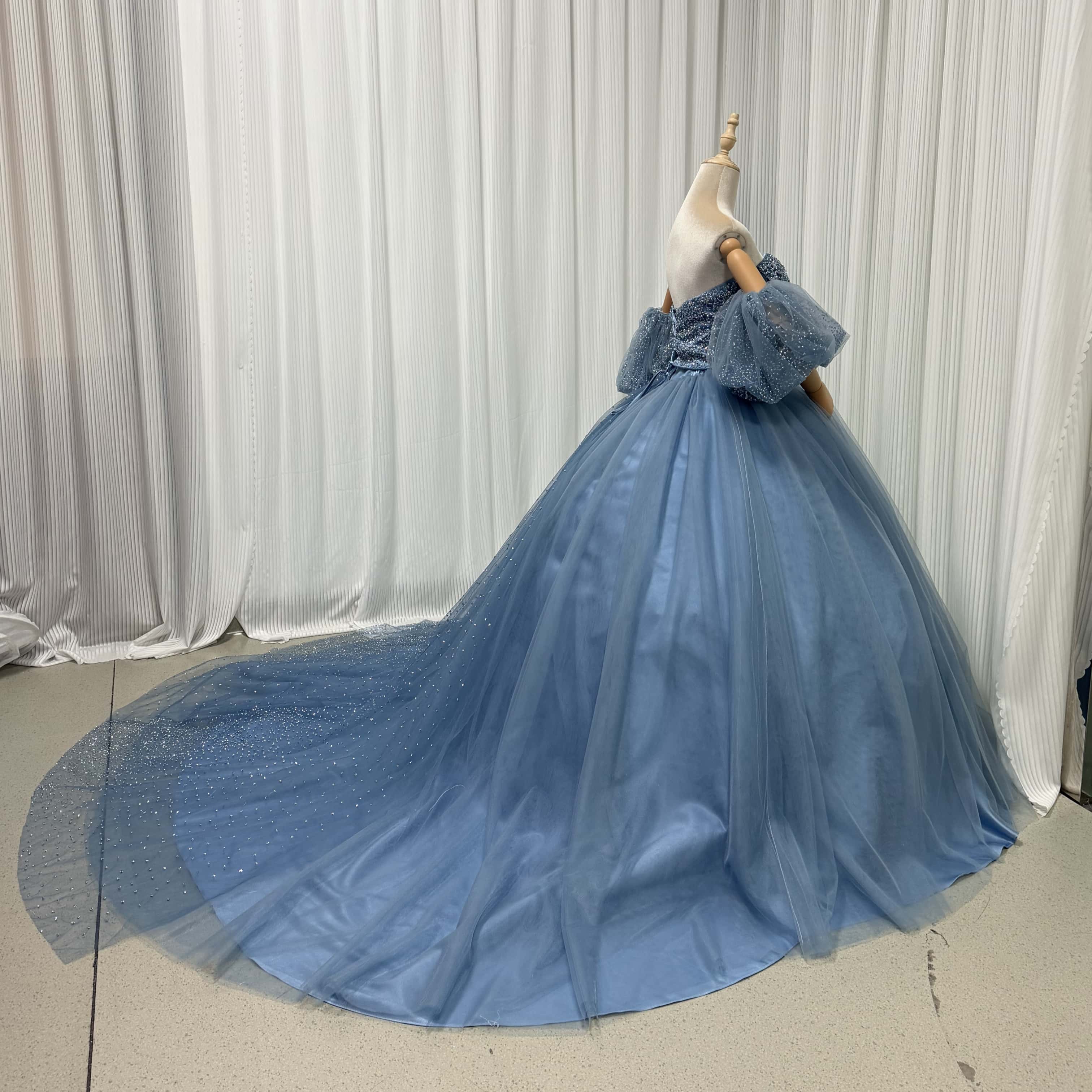 カラードレス ブルーグレー 取り外し袖 ビジュードレス 編み上げ ハンドメイド 花嫁/ウェディングドレス