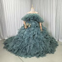 カラードレス グリーン オフショルダー もこもこドレス チュールドレス 抜群のおしゃれ見え 目立つ 花嫁
