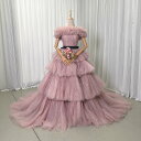 カラードレス 取り外しオフショルダー ピンク キラキラグリッターチュール 結婚式 ティアードのドレス 花嫁