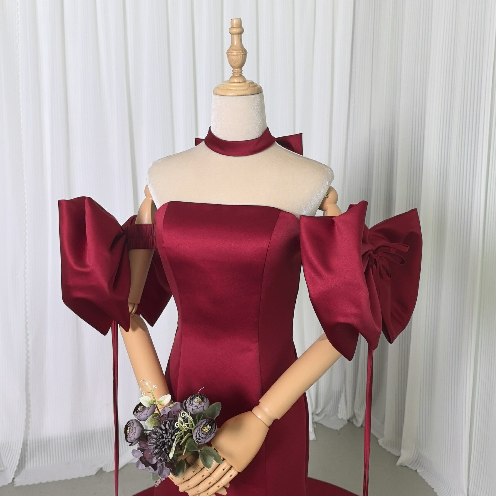 パーティードレス 姫袖 取り外し袖 マーメイドライン ボルドー色 リボン 可愛い 前撮り 二次会