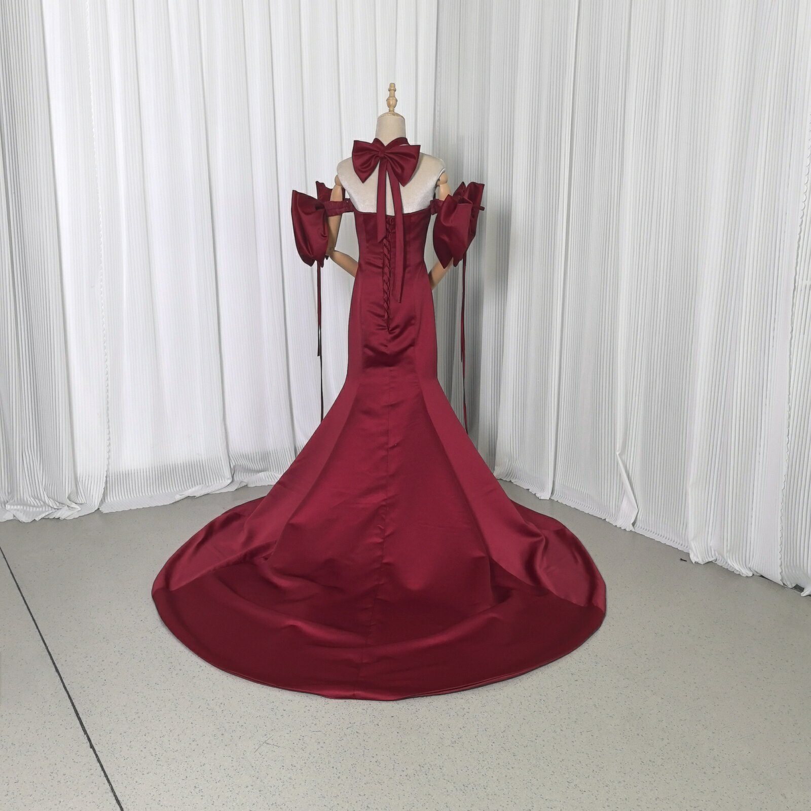 パーティードレス 姫袖 取り外し袖 マーメイドライン ボルドー色 リボン 可愛い 前撮り 二次会