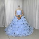 カラードレス ブルー ティアードのドレス リボン ベアトップ プリンセスライン 結婚式 花嫁 サッシュベルト
