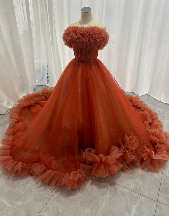 カラードレス 取り外しオフショルダー テラコッタ色 ラッフルフリル プリンセスライン ブライダル 結婚式
