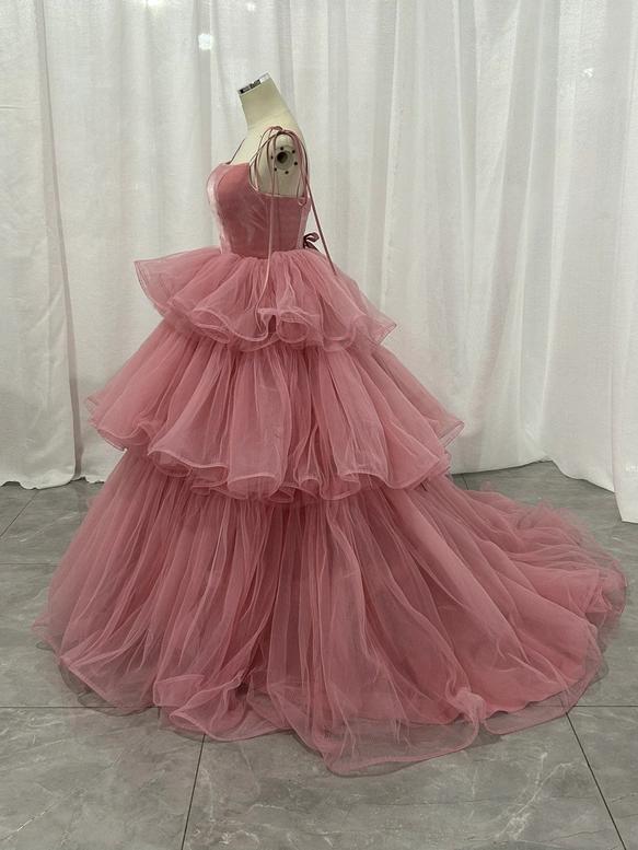 ピンクキャミソール カラードレス　チュールドレス　フリルオフショルダーお色直し結婚式　披露宴
