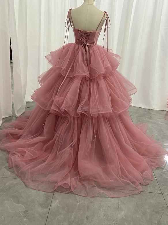 ピンクキャミソール カラードレス　チュールドレス　フリルオフショルダーお色直し結婚式　披露宴