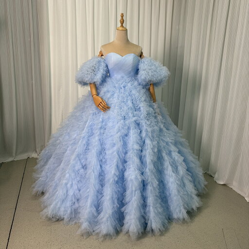 カラードレス ブルー パフスリーブ 編み上げ もこもこドレス ロング 結婚式 ふわふわ プリンセスライン カラードレス ブルー パフスリーブ 編み上げ もこもこドレス ロング 結婚式 ふわふわ プリンセスライン