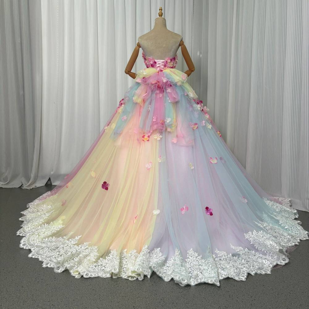 カラードレス レインボー 花モチーフ グリッタードレス 立体ドレープ 裾に繊細レースをあしらった 結婚式