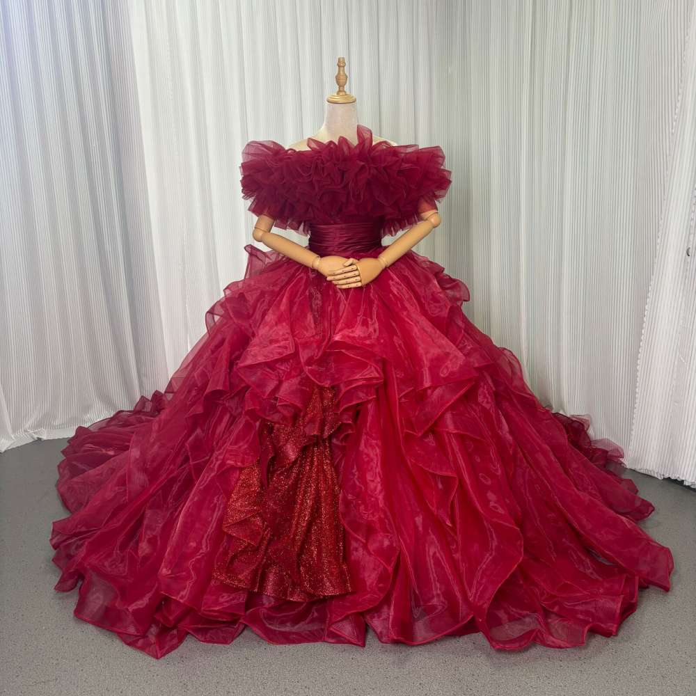 カラードレス えんじ色 取り外し可能なオフショルダー フリルドレス ツーピース 編み上げ オーガンジー