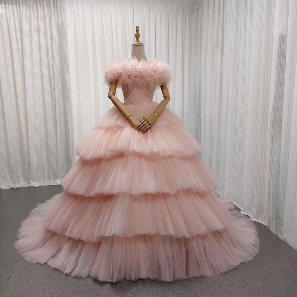 カラードレス 薄ピンク 取り外し可能なオフショルダー ティアードのドレス 編み上げ プリーツドレス 花嫁