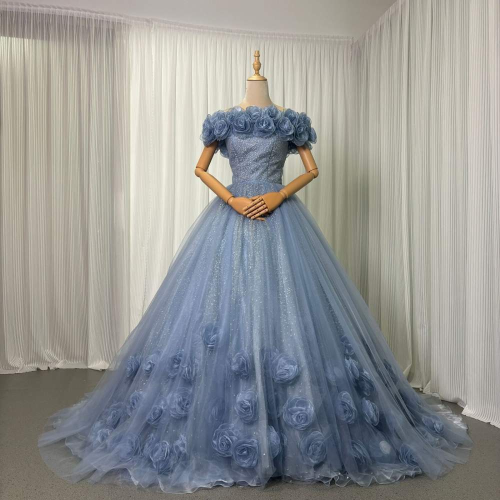カラードレス ブルーグレー キラキラドレス バラトレーン 編み上げ オフショルダー リボン 結婚式 花嫁