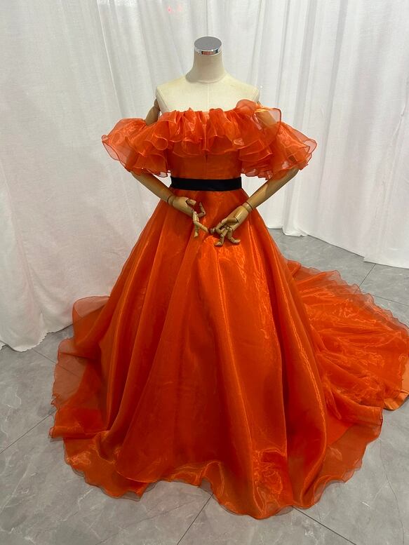 高品質！カラードレス オレンジ オフショルダー サッシュベルト 上質オーガンジー 前撮り