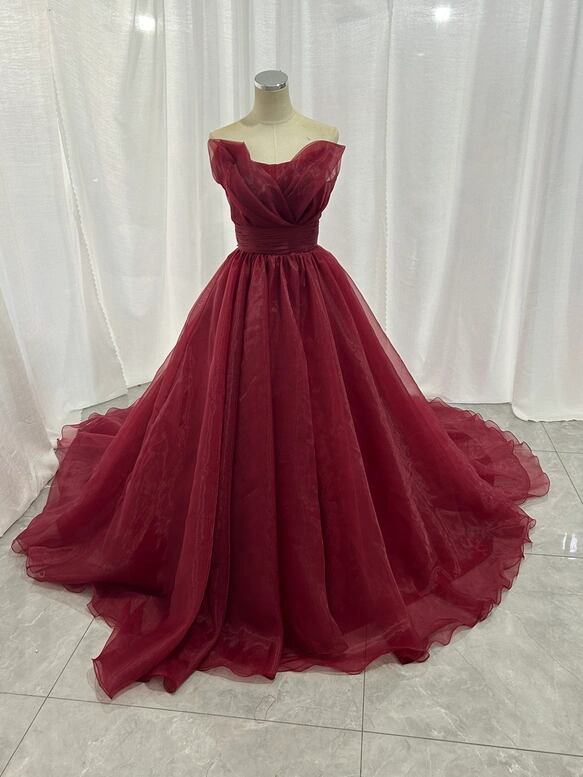 カラードレス ワインレッド ベアトップ 上質オーガンジー 大人っぽい ロングトレーン 披露宴