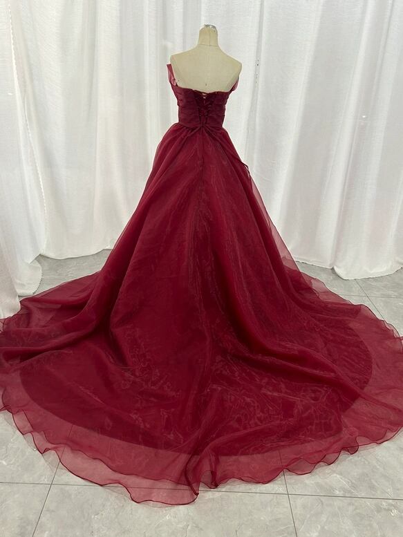 カラードレス ワインレッド ベアトップ 上質オーガンジー 大人っぽい ロングトレーン 披露宴