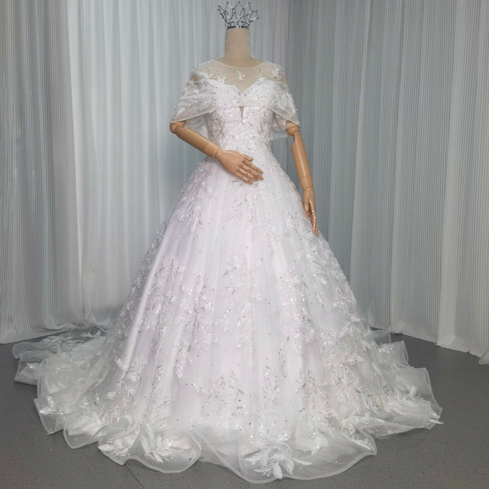 ウェディングドレス 韓国風ドレス パール リーフ刺繍 3D立体レース刺繍 オフショルダー 華やかなトレーン