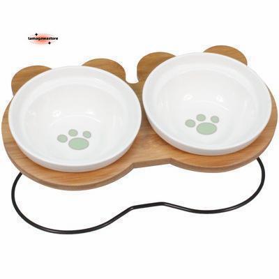 Rakuten - えさ皿猫犬食器えさ皿餌入れフードボウルペット猫用犬用ご飯皿お皿水飲み食器台食べやすい傾斜陶器アイアンバンブースタンドダブル