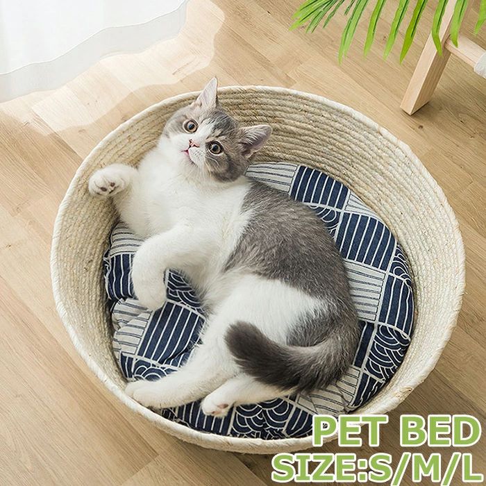 Rakuten - ！夏ペットベッド ネコ 猫用ベッド バスケット バスケット 通年 編上げペットベッド 猫ベッド キャット用品 爪とぎ 爪磨き 室内用 寝具 かわいい キャット寝床 犬ベッド 犬猫用品 オールシーズン 籐制 ペットベッド キャットハウス 犬小屋 送料無料 子猫 S/M/L