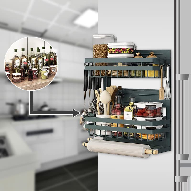 マグネット式冷蔵庫サイドラック キッチンペーパーホルダー ラップホルダー スパイスラック 磁石 洗濯..