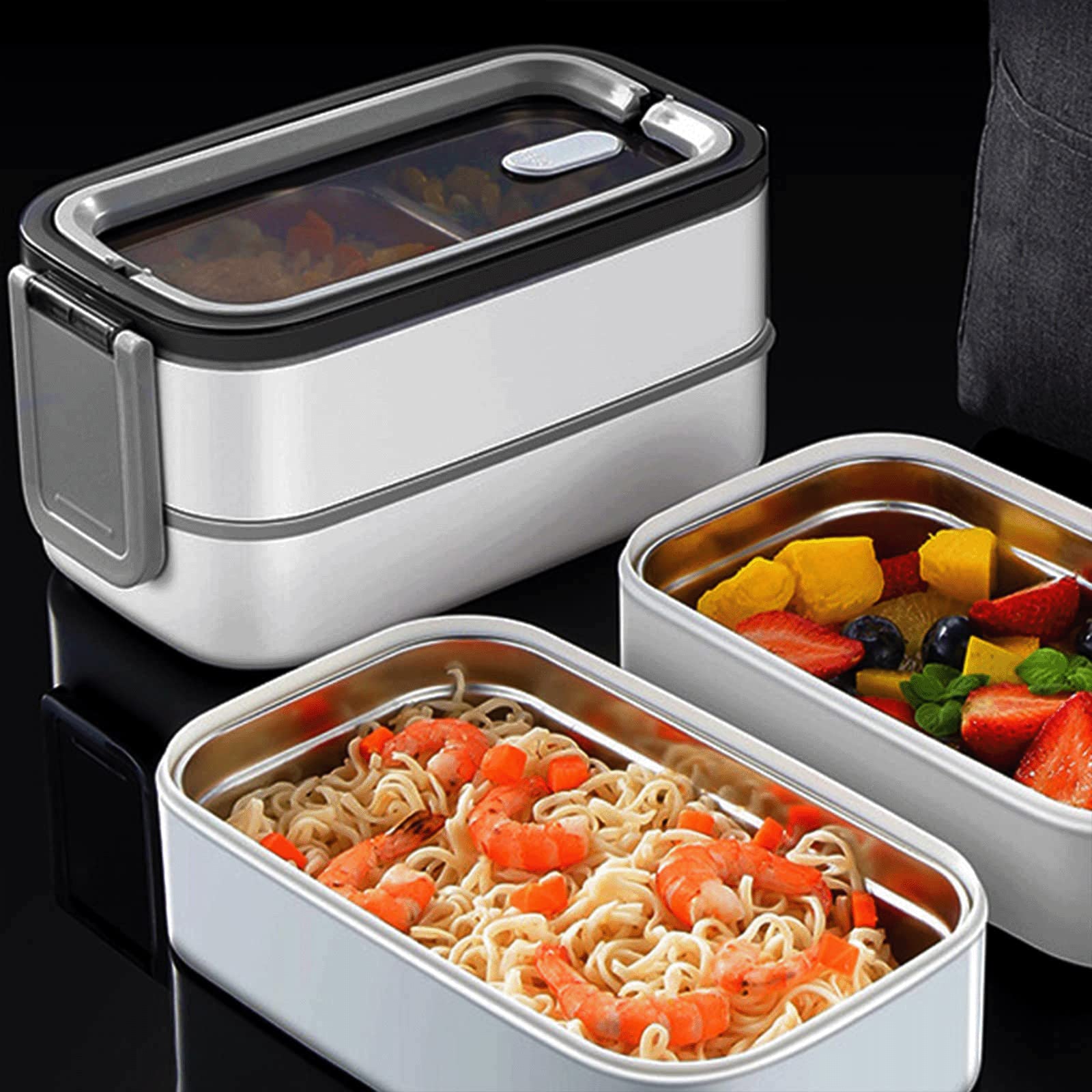 Rakuten - ステンレススチール弁当箱 おべんとう箱 ランチボックス 漏れ防止 2段 3グリッド フレッシュランチボックス (容量 1400ml ミルキーアプリコット弁当)