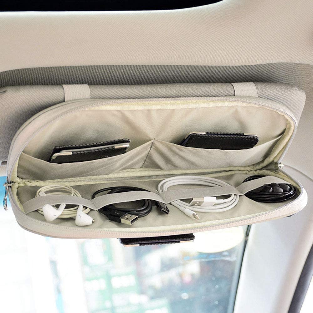 車用サンバイザーオーガナイザー 車内アクセサリー ポケットオーガナイザー トラック収納ポーチホルダー マルチポケットネットジッパー付き グレー 2
