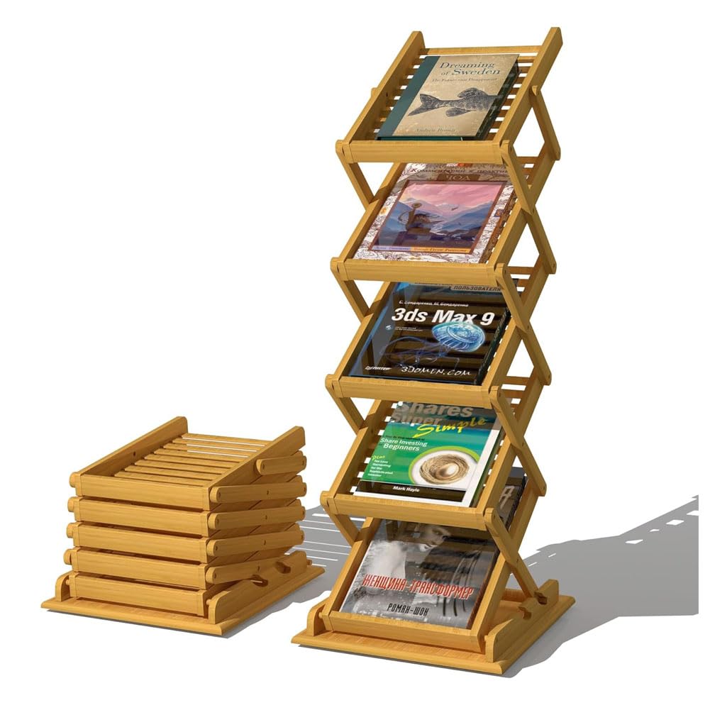 カタログスタンド マガジンラック 折りたたみ式 5段 竹製 片面 パンフレットスタンド カタログラック ..
