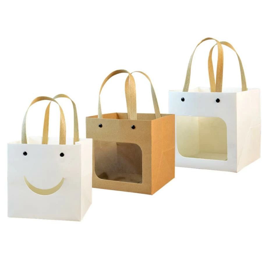 6点セット ギフト紙袋 15×15cm 笑顔 ギフトバッグ 手提げ袋 四角キューブ ラッピング袋 シンプル おもしろい 可愛い クラフトペーパー