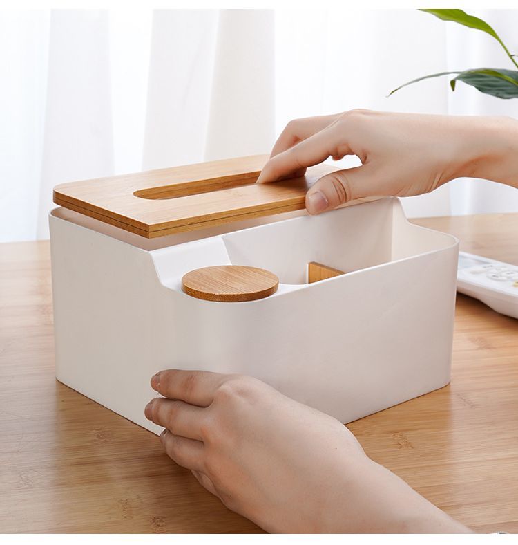 Rakuten - 【 】 ティッシュケース ティッシュボックス 小物入れ付き 収納ケース 木蓋 プラスチック 多機能 シンプル おしゃれ ナチュラル 日用品 生活雑貨 インテリア 整理整頓 寝室 洗面所 リビング