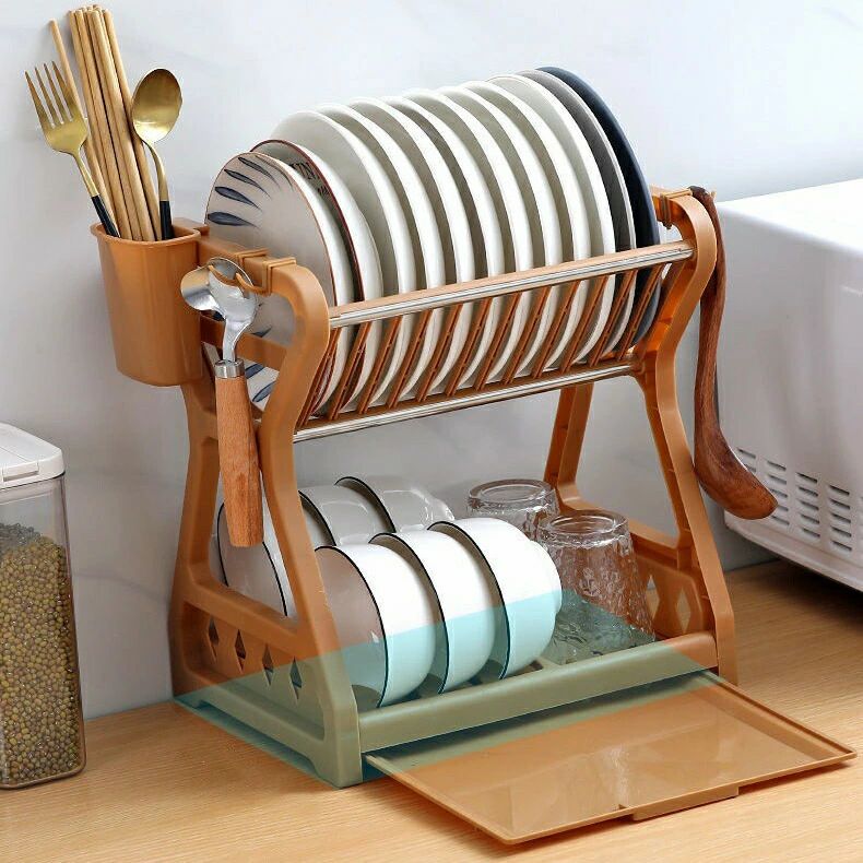 水切りラック 水切りかご 2段 キッチン用品 収納 食器乾燥 フック 箸立て 水切りトレー 水受け皿 キッチン 食器 排水 多機能 コンパクト 組み立て式