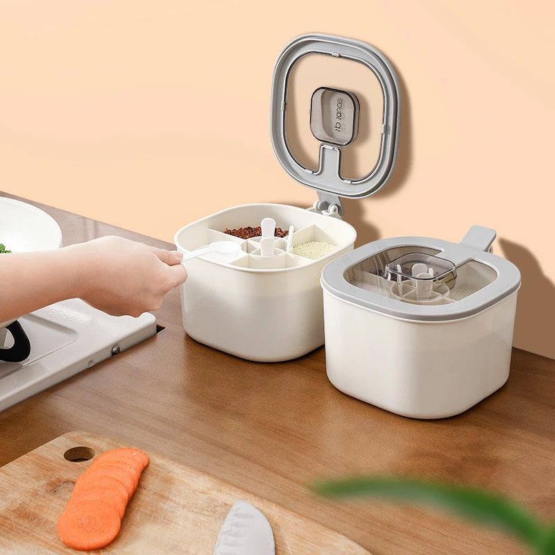 Rakuten - カバー付き防湿 分格収納 スプーン付き 調味料ポット 湿気防止 塩入れ キッチン収納 調味料入れ 砂糖入れ