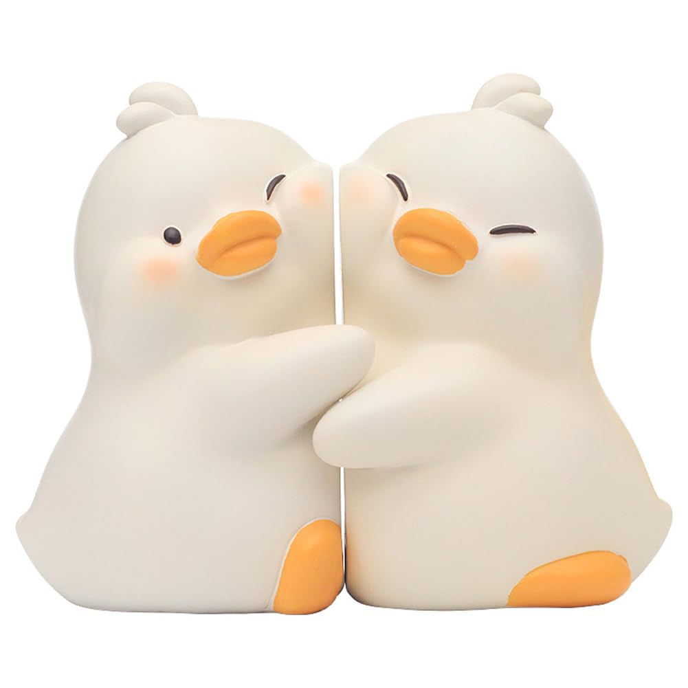 Rakuten - かわいいブックエンド 小さな黄色いアヒル 装飾樹脂 ブックエンドアヒル 動物 ブックエンド 縦型 卓上 本立て かわいいアヒルハグブックエンド樹脂ブックストッパー本棚ストッパー学生教科書用 (ワイト)