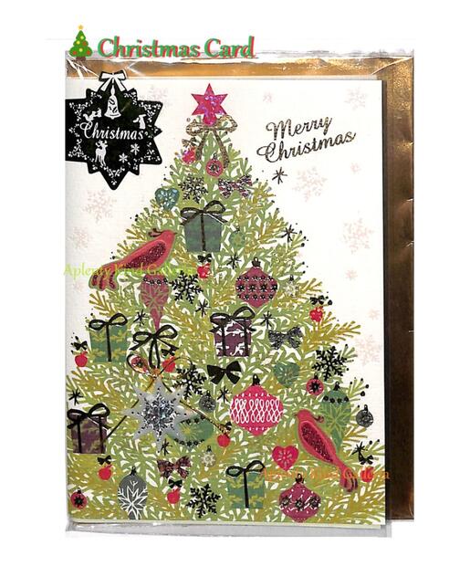 【 Xmas グッズ 】 クリスマス カード X32-007 クリスマスツリー柄 雪の結晶 鳥 モチーフ 金箔押し ゆきの けっしょう パーツ X'mas Ca...