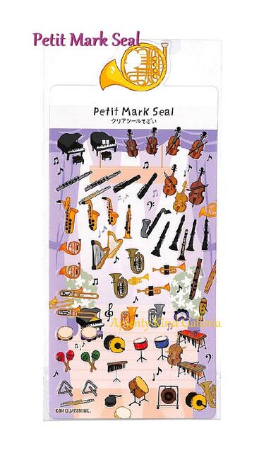 【Petit Mark Seal】プチマークシール楽器　NO.24535 ★楽器柄のシール金の箔押しシールクリアシール素材の小さいシールseal音楽柄ピアノバイオリンfluteトランペットホルン木琴太鼓音楽記号クラリネットトライアングル★【3cmメール便OK】