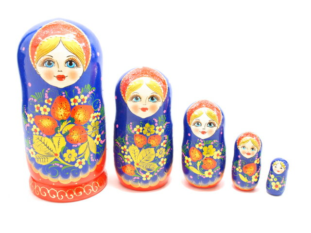【送料無料】マトリョーシカ 5個組 18cm いちご柄 BLUE [ロシア製]