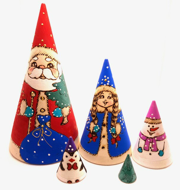 マトリョーシカ 三角形 5個組 ウッドバーニング 「サンタクロース (アウトレット)」 [ロシア製]