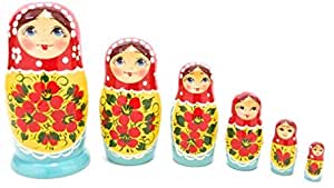 セミョーノフ産 マトリョーシカ 6個組 モダン [ロシア製] (レッド/ライトブルー(黄色エプロン))